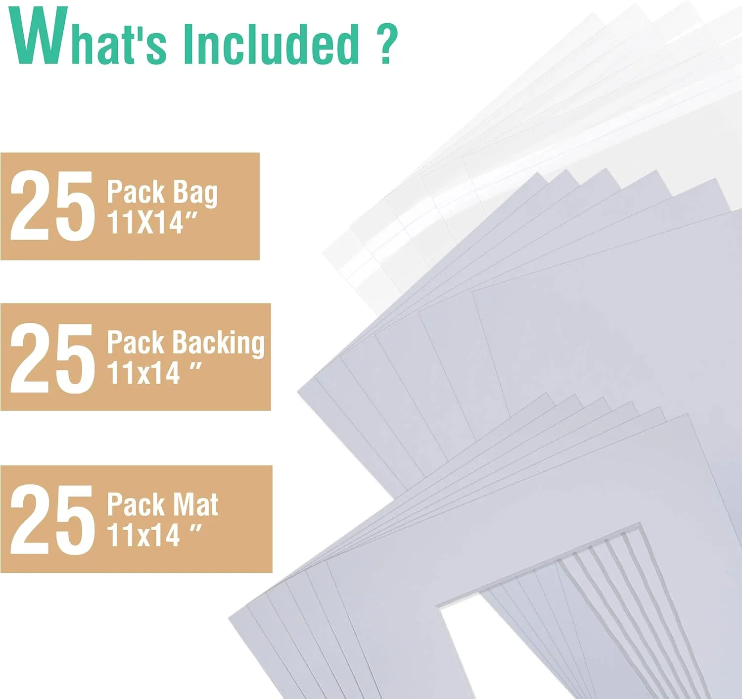 Acid Free 25 Pack 11x14 Pre-Cut Mat Board Show Kit for 8x10 Photos, Prints or Artworks, 25 Core Bevel Cut Matts and 25 Backing Boards and 25 Crystal Plastic Bags, White