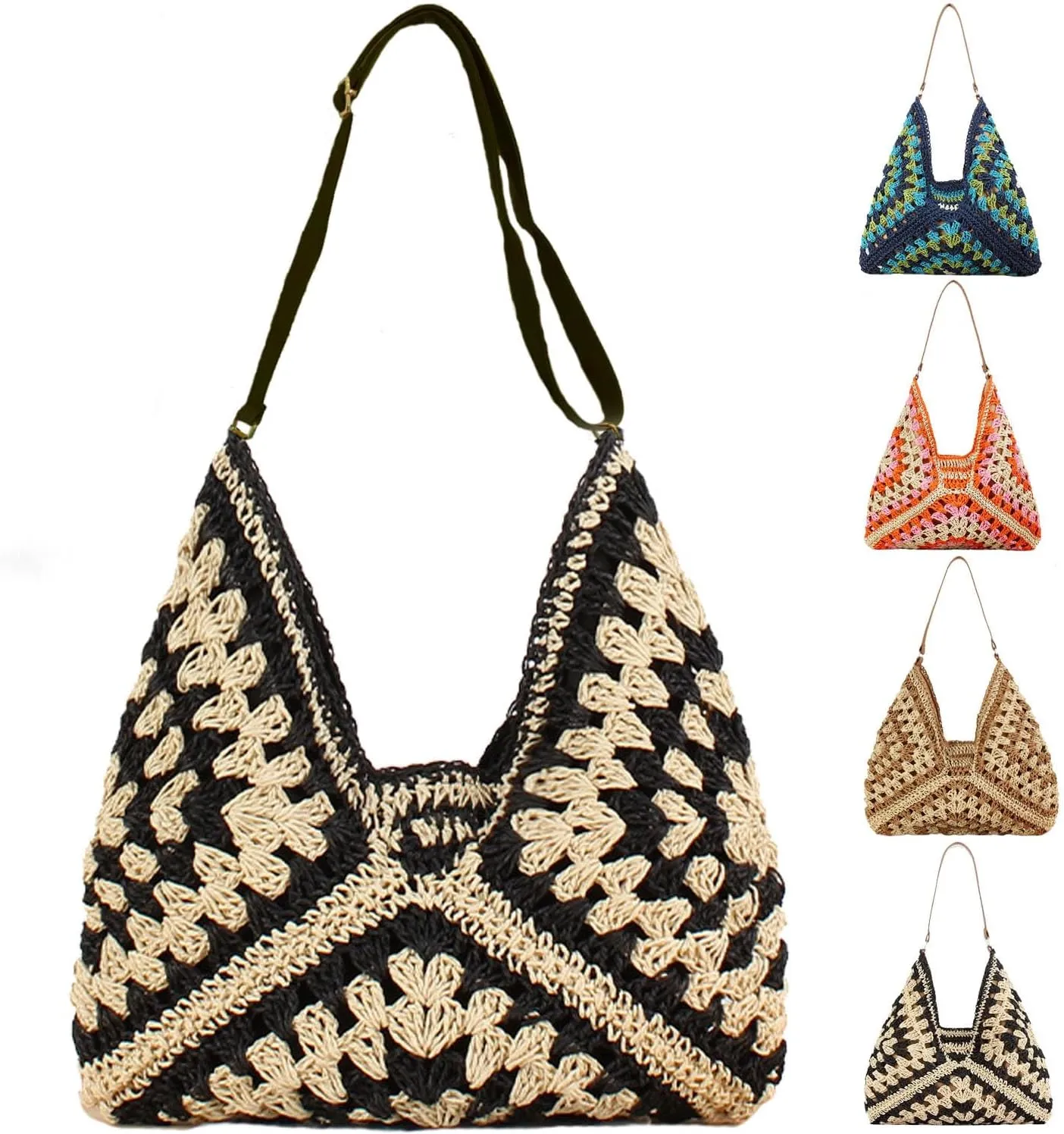 Adjustable Shoulder Strap Straw Beach Handbag,Striped Weave Beach Shoulder Bag, Vacation Summer Bags for Women
