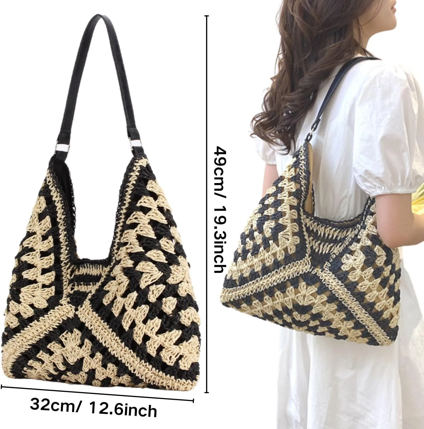 Adjustable Shoulder Strap Straw Beach Handbag,Striped Weave Beach Shoulder Bag, Vacation Summer Bags for Women