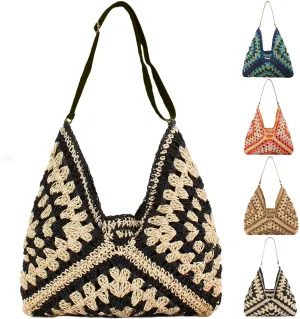 Adjustable Shoulder Strap Straw Beach Handbag,Striped Weave Beach Shoulder Bag, Vacation Summer Bags for Women