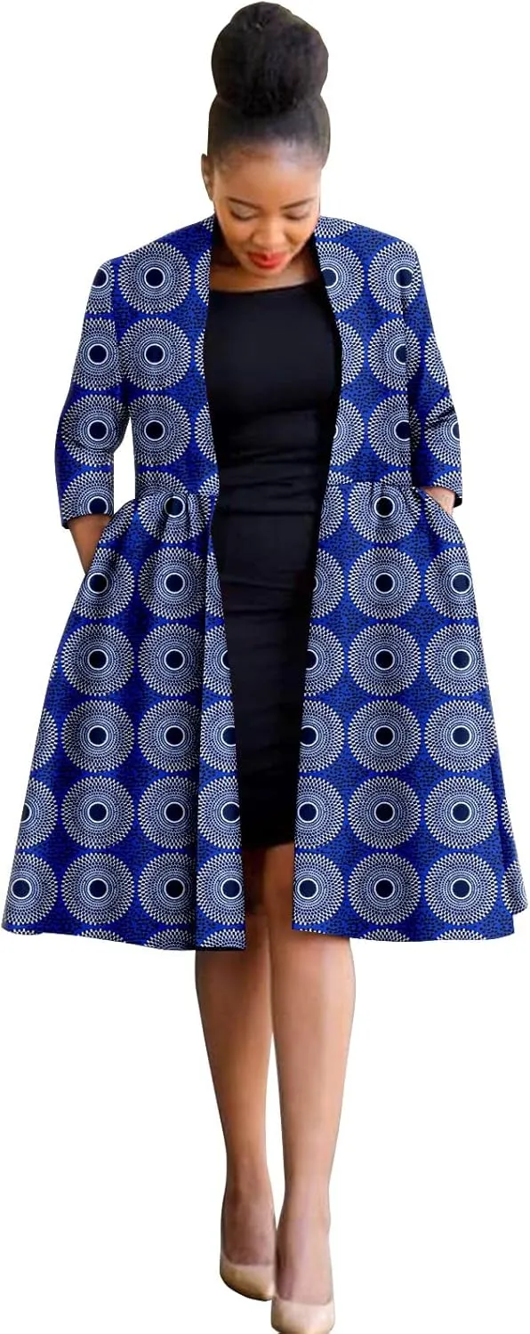 Africa Ankara Print Long Women's Jacket Casual Work Lining Plus Quilted Shoulder Jacket Windbreaker