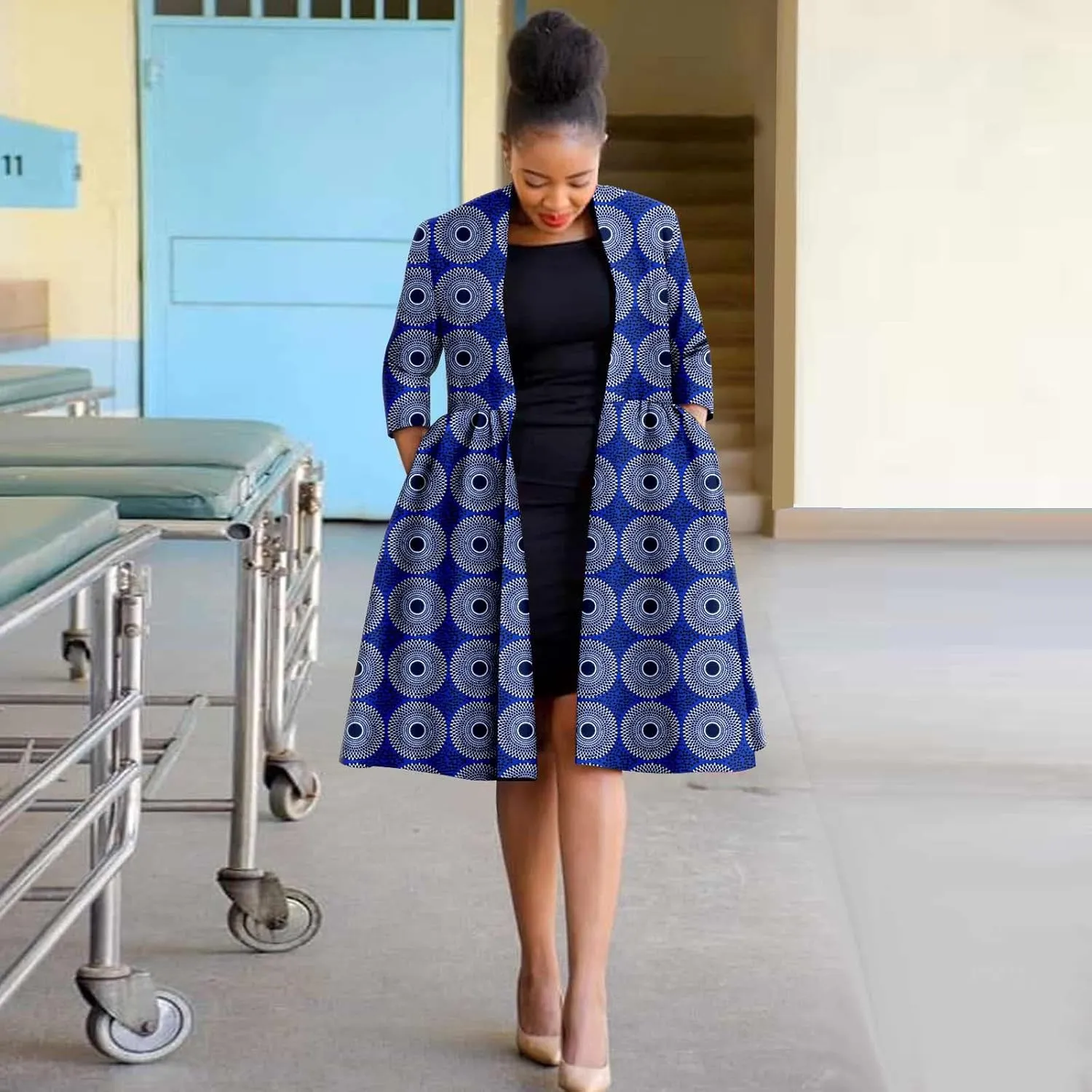 Africa Ankara Print Long Women's Jacket Casual Work Lining Plus Quilted Shoulder Jacket Windbreaker