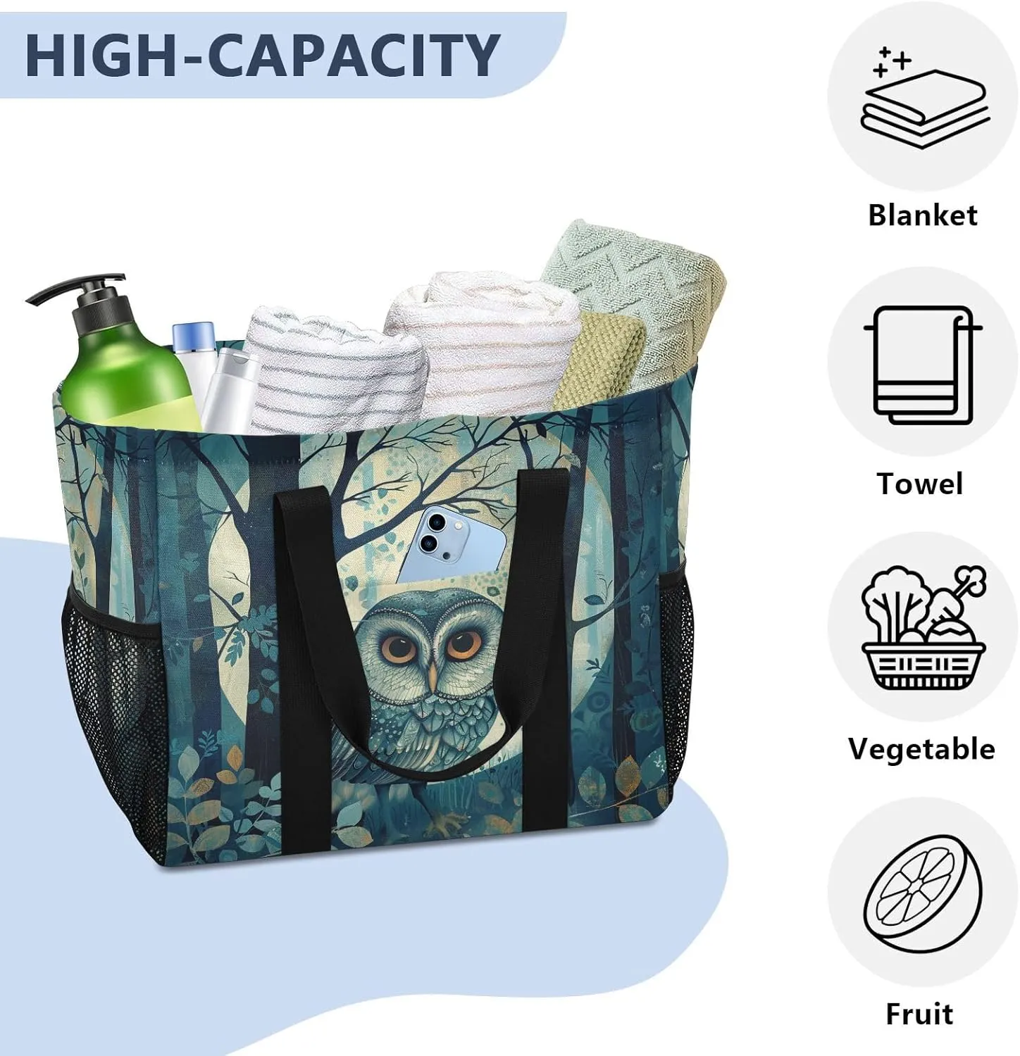 ALAZA Boho Owl Flower Waterproof Beach Tote Bags