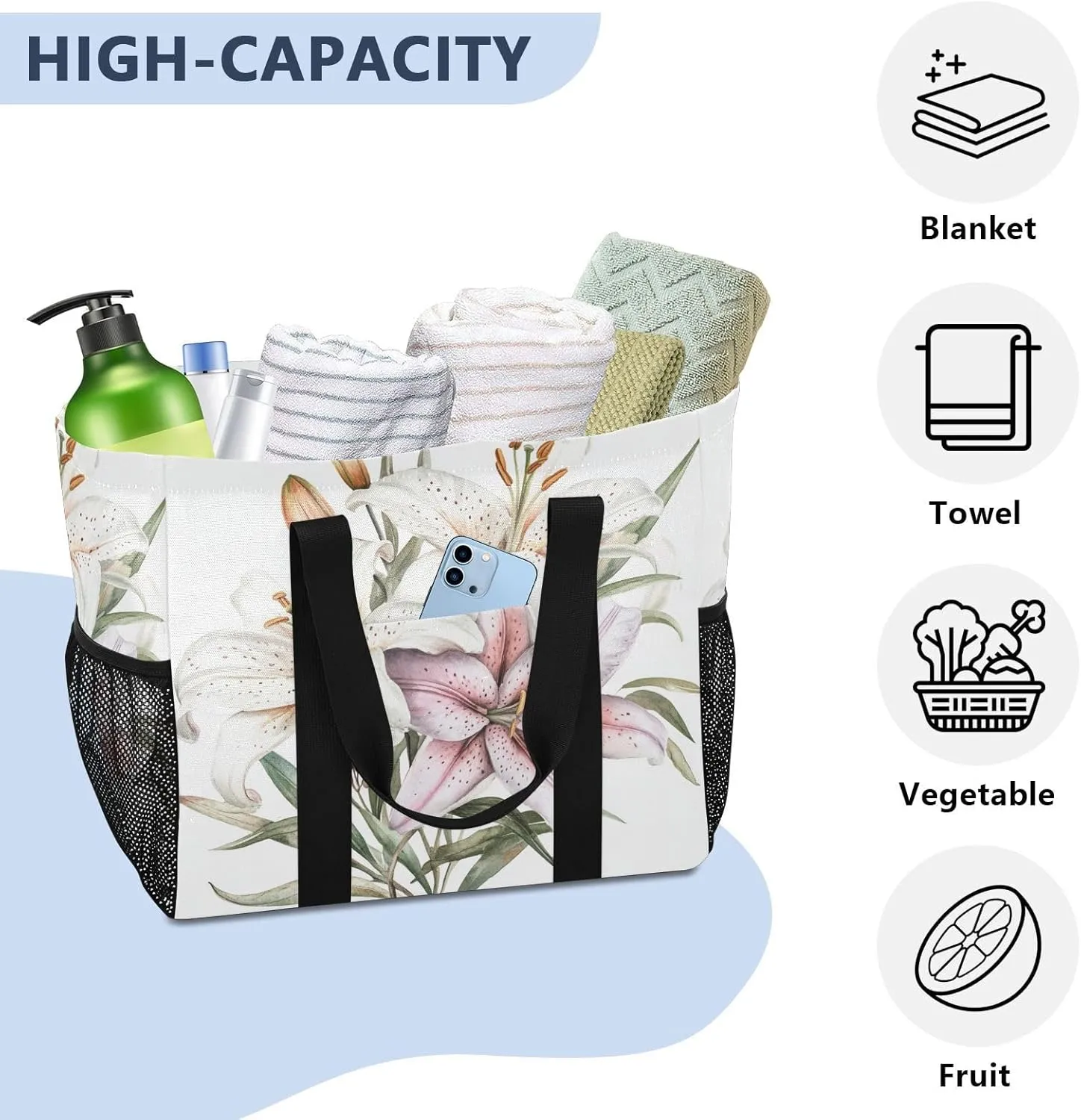 ALAZA Cute Doodle White Lily Waterproof Beach Tote Bags