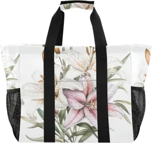 ALAZA Cute Doodle White Lily Waterproof Beach Tote Bags