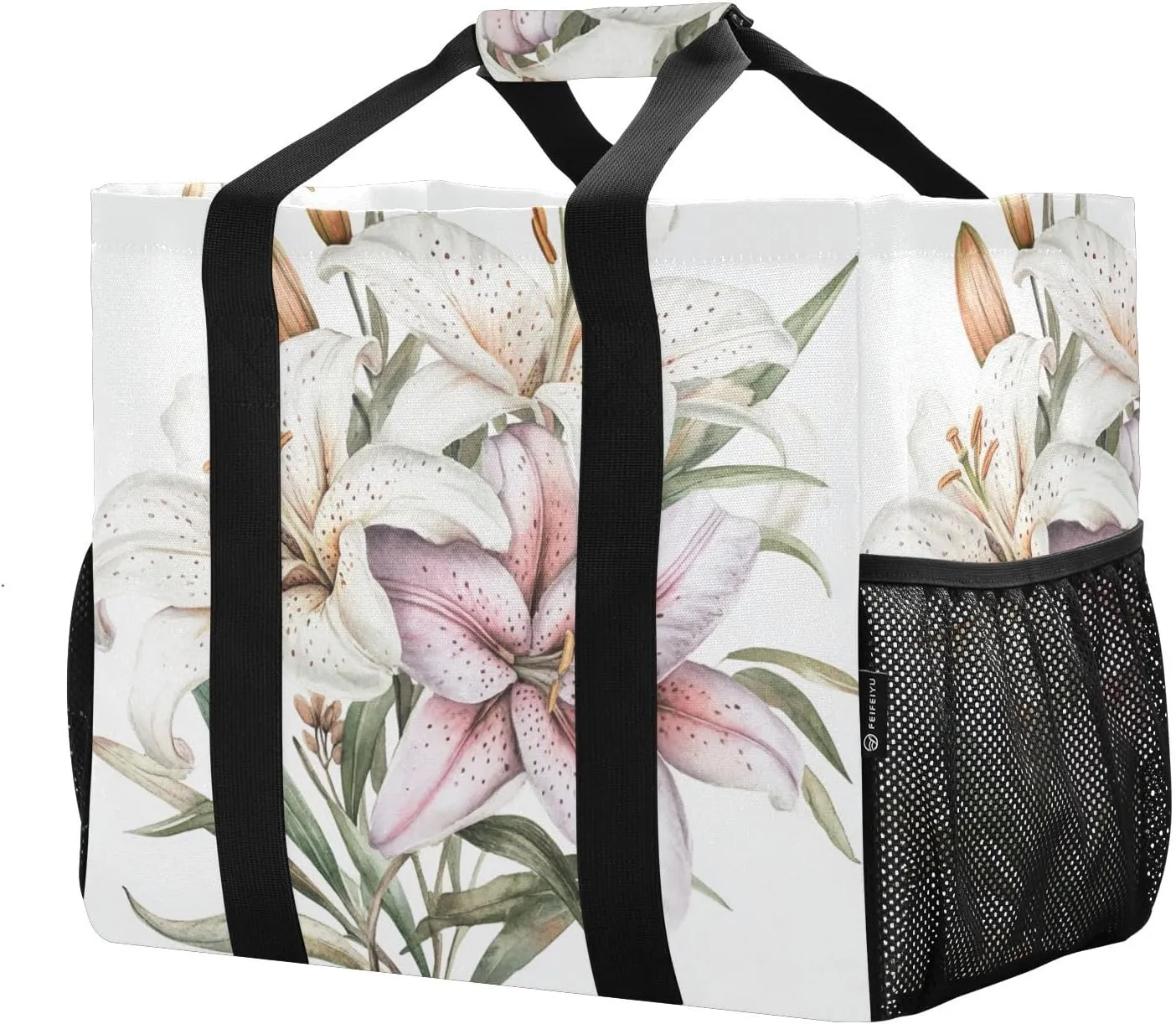 ALAZA Cute Doodle White Lily Waterproof Beach Tote Bags