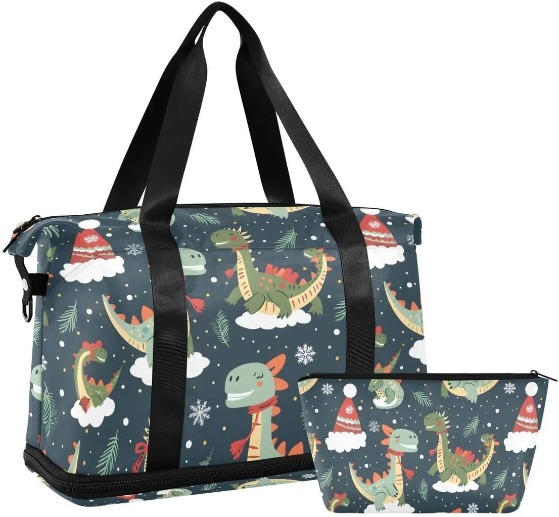 ALAZA Dragon Dinosaur Hat Christmas Duffel Bag with Shoe Compartment Tote Bag Weekender Overnight Bag with Wet Pocket for Travel,Gym,Yoga,Swimming