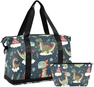 ALAZA Dragon Dinosaur Hat Christmas Duffel Bag with Shoe Compartment Tote Bag Weekender Overnight Bag with Wet Pocket for Travel,Gym,Yoga,Swimming
