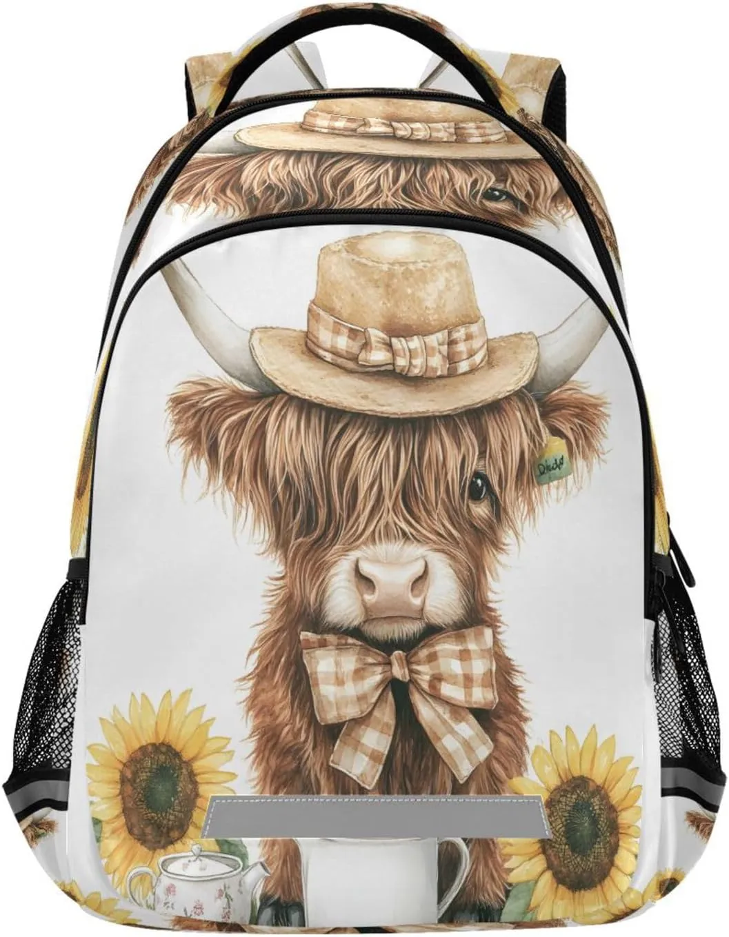 ALAZA Highland Cow with Hat Teacup and Sunflower Backpacks Travel Laptop Daypack School Book Bag for Men Women Teens Kids