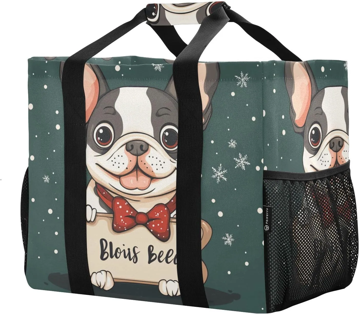 ALAZA Merry Christmas Cute French Bulldog Bone Christmas Hat Waterproof Beach Tote Bags