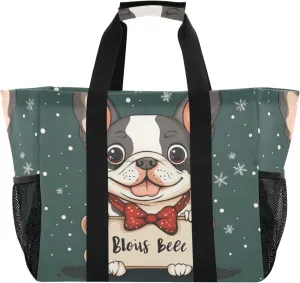 ALAZA Merry Christmas Cute French Bulldog Bone Christmas Hat Waterproof Beach Tote Bags