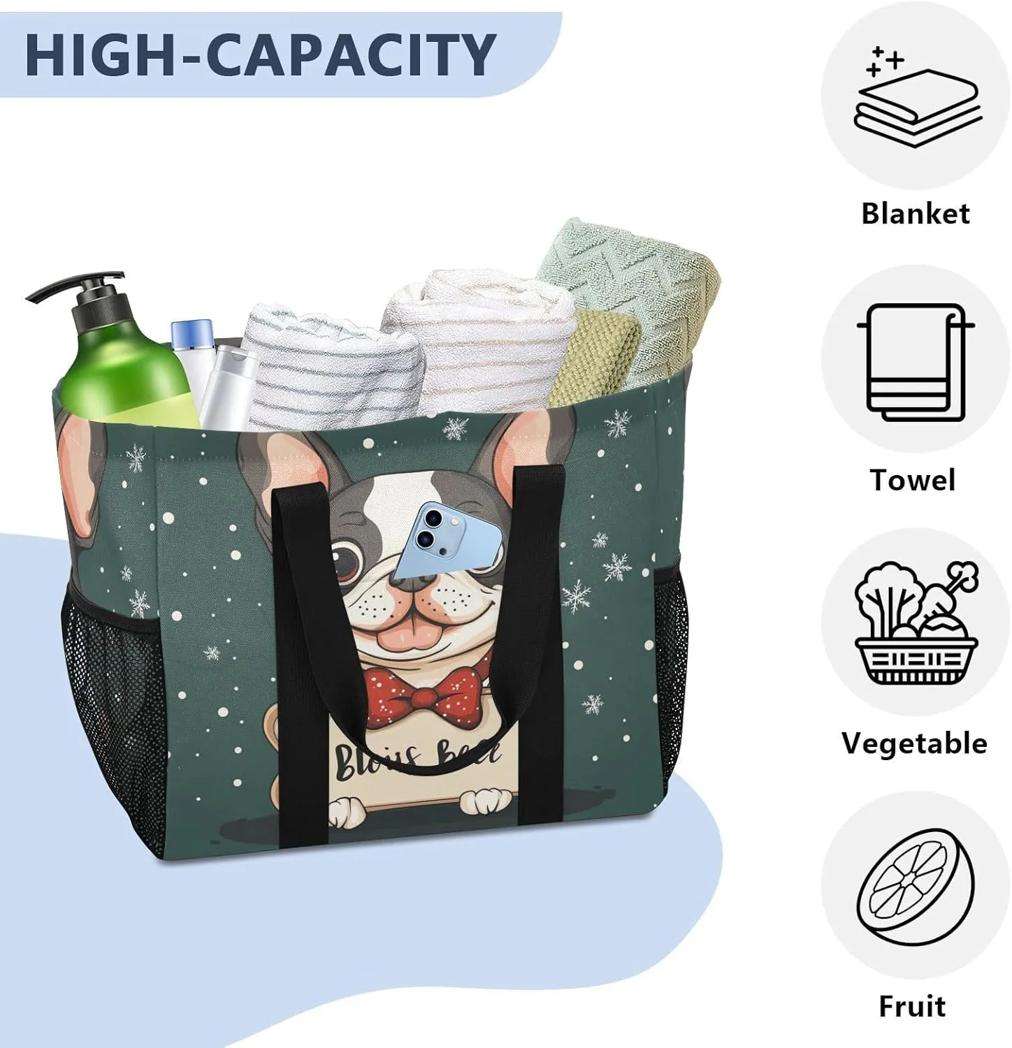 ALAZA Merry Christmas Cute French Bulldog Bone Christmas Hat Waterproof Beach Tote Bags