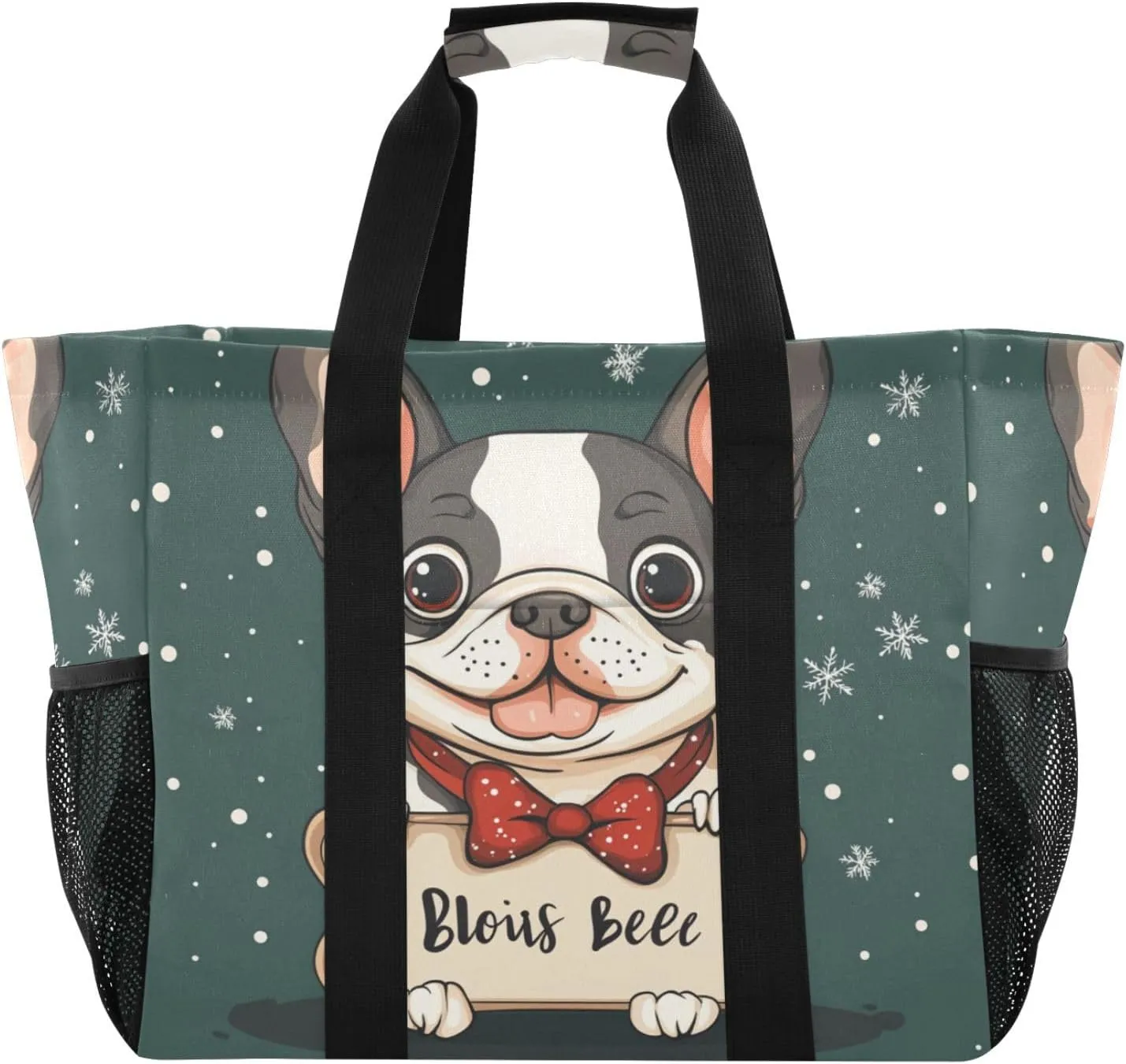 ALAZA Merry Christmas Cute French Bulldog Bone Christmas Hat Waterproof Beach Tote Bags