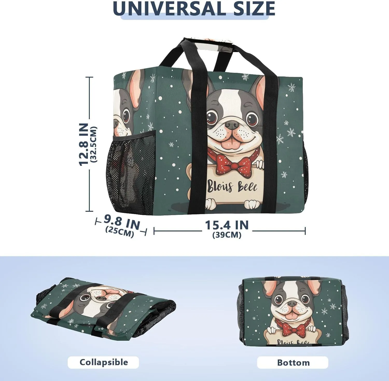 ALAZA Merry Christmas Cute French Bulldog Bone Christmas Hat Waterproof Beach Tote Bags