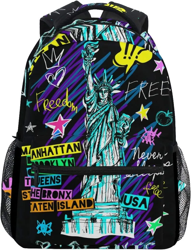 ALAZA New York NYC Statue Of Liberty Doodles Stylish Large Backpack Personalized Laptop iPad Tablet Travel School Bag with Multiple Pockets