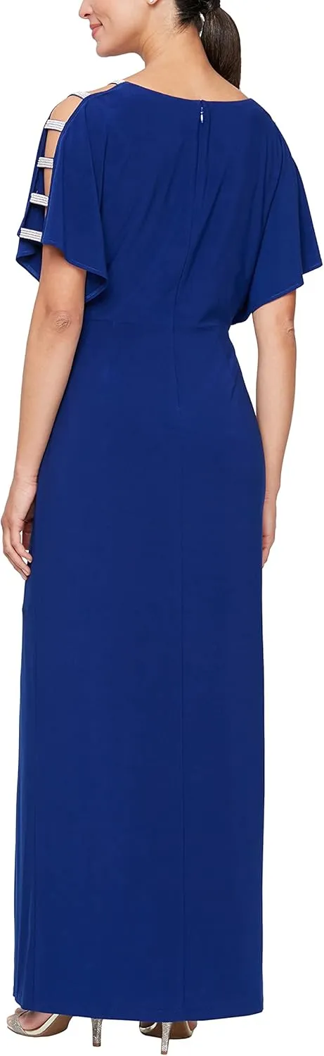 Alex Evenings Women's Long V-Neck Knot Front Wedding Guest Dress with Cold Shoulder Sleeves (Petite and Regular Sizes)