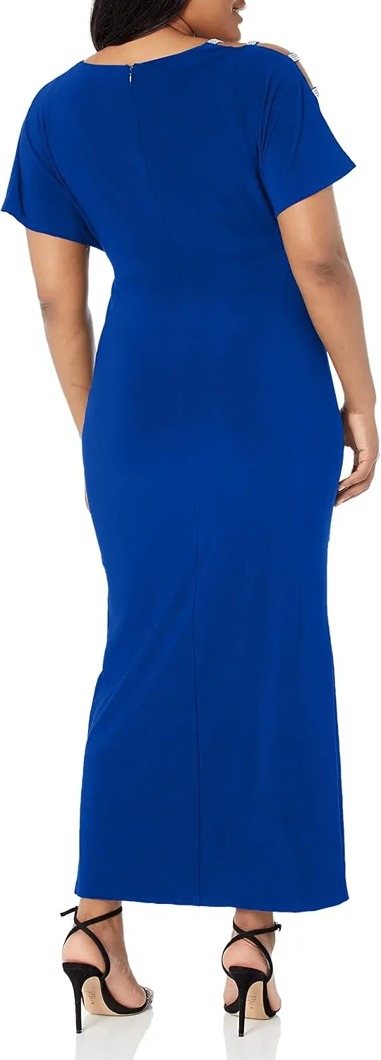 Alex Evenings Women's Long V-Neck Knot Front Wedding Guest Dress with Cold Shoulder Sleeves (Petite and Regular Sizes)
