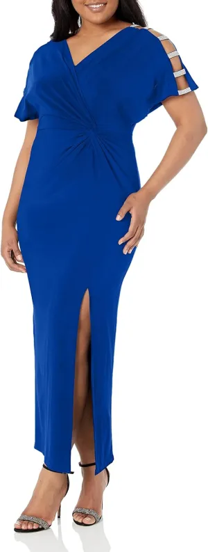 Alex Evenings Women's Long V-Neck Knot Front Wedding Guest Dress with Cold Shoulder Sleeves (Petite and Regular Sizes)