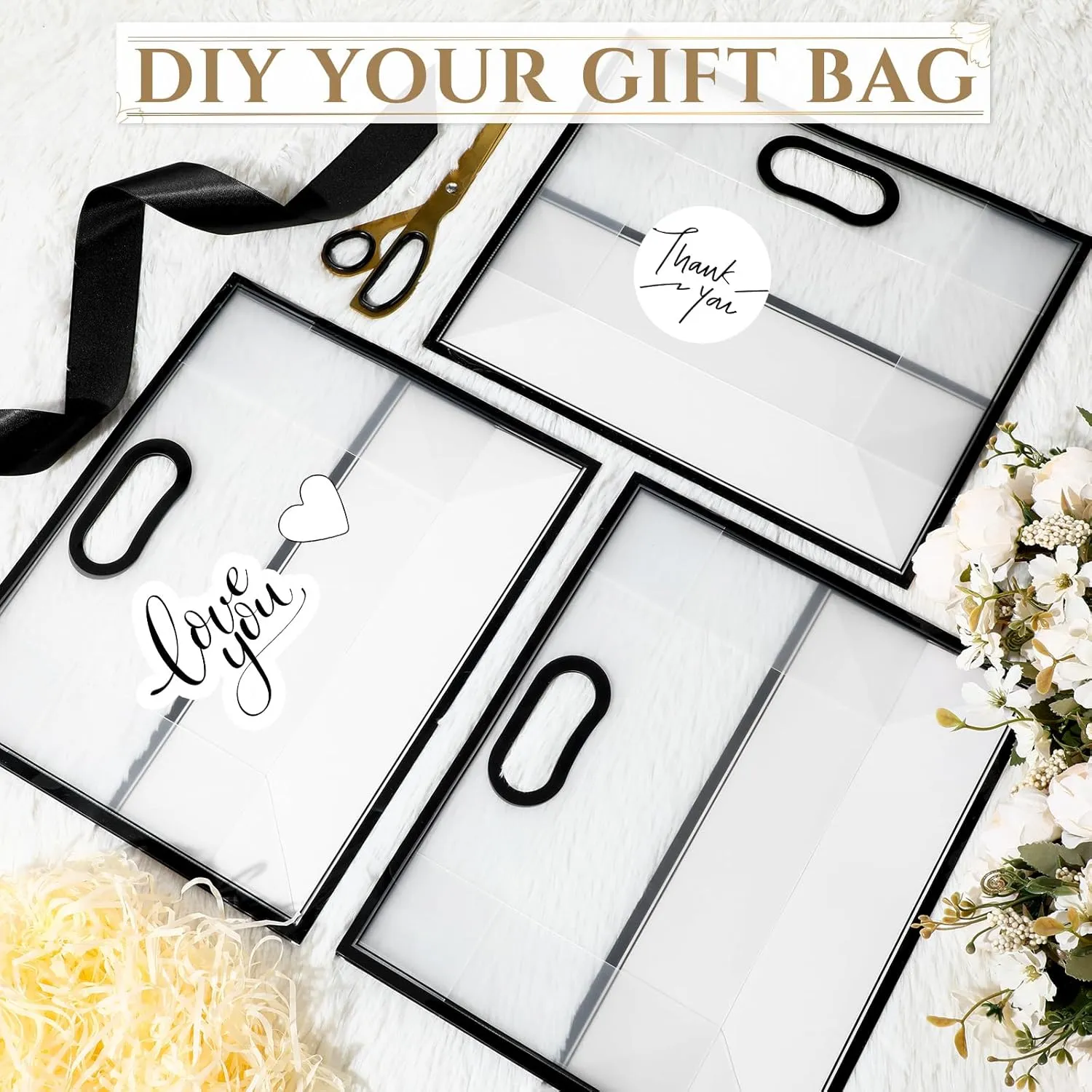 Aliceset 12 Pcs Clear Plastic Gift Bags with Die Cut Handles Graduation Reusable Flower Gift Bag with Ribbon for Wedding Bridal Shower Baby Shower Birthday Party Business, 12 x 10 x 5''(Black)