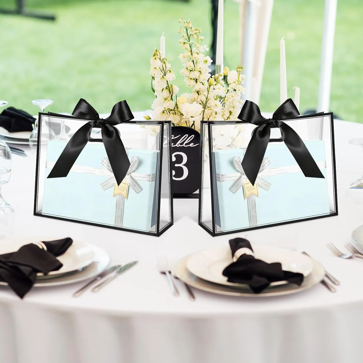 Aliceset 12 Pcs Clear Plastic Gift Bags with Die Cut Handles Graduation Reusable Flower Gift Bag with Ribbon for Wedding Bridal Shower Baby Shower Birthday Party Business, 12 x 10 x 5''(Black)