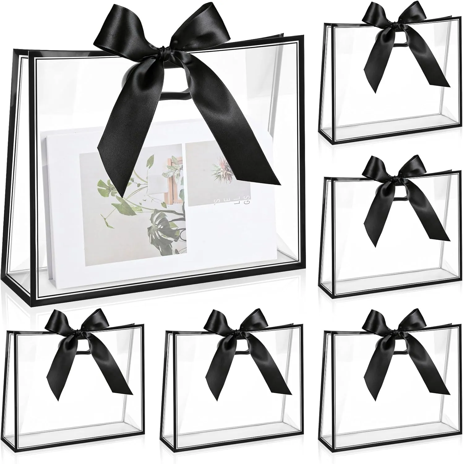 Aliceset 12 Pcs Clear Plastic Gift Bags with Die Cut Handles Graduation Reusable Flower Gift Bag with Ribbon for Wedding Bridal Shower Baby Shower Birthday Party Business, 12 x 10 x 5''(Black)