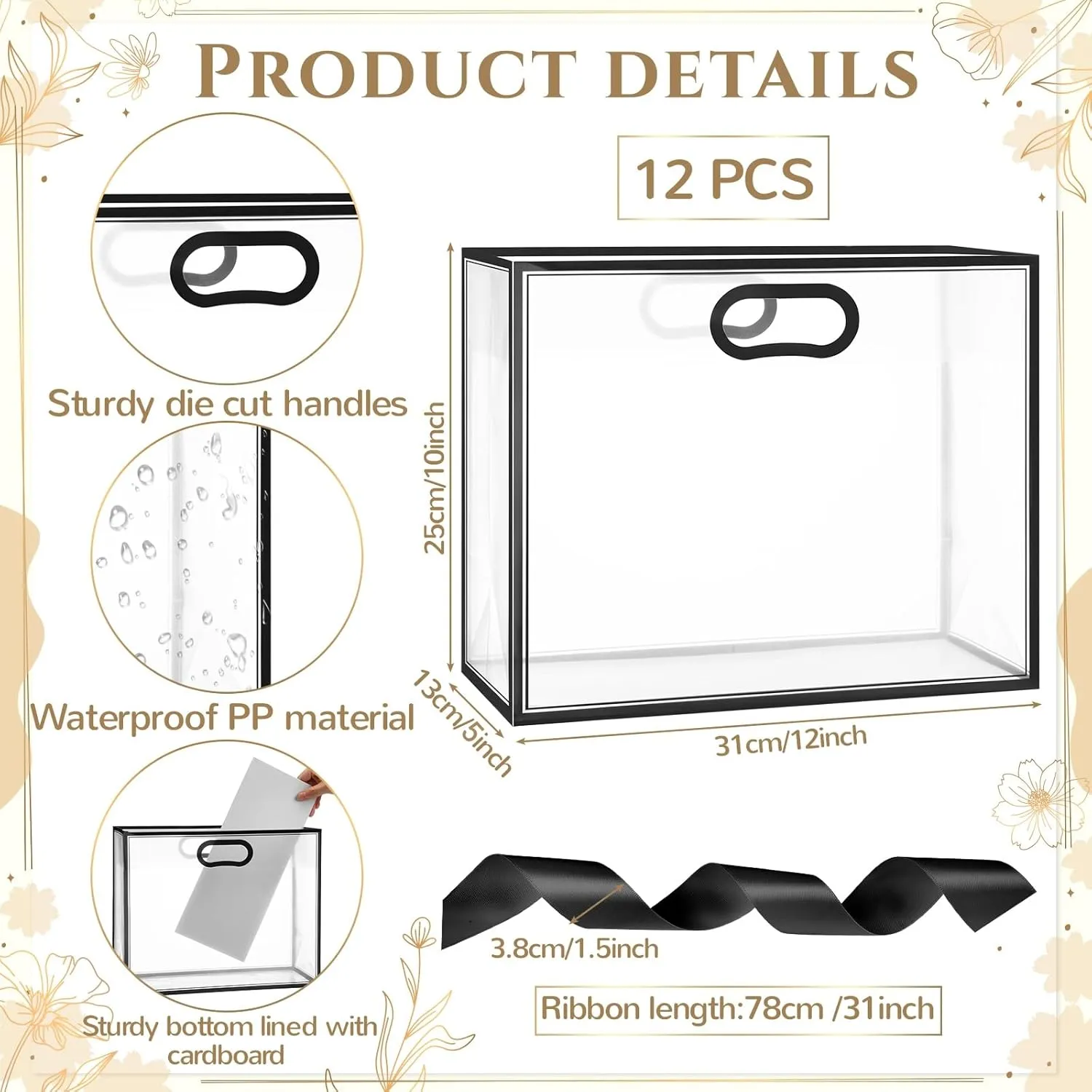 Aliceset 12 Pcs Clear Plastic Gift Bags with Die Cut Handles Graduation Reusable Flower Gift Bag with Ribbon for Wedding Bridal Shower Baby Shower Birthday Party Business, 12 x 10 x 5''(Black)
