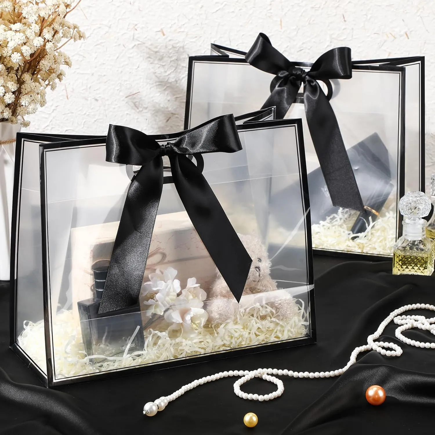 Aliceset 12 Pcs Clear Plastic Gift Bags with Die Cut Handles Graduation Reusable Flower Gift Bag with Ribbon for Wedding Bridal Shower Baby Shower Birthday Party Business, 12 x 10 x 5''(Black)