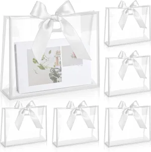 Aliceset 12 Pcs Clear Plastic Gift Bags with Die Cut Handles Graduation Reusable Flower Gift Bag with Ribbon for Wedding Bridal Shower Baby Shower Birthday Party Business, 12 x 10 x 5''(White)
