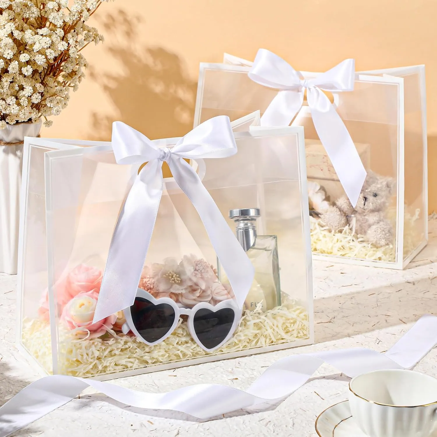Aliceset 12 Pcs Clear Plastic Gift Bags with Die Cut Handles Graduation Reusable Flower Gift Bag with Ribbon for Wedding Bridal Shower Baby Shower Birthday Party Business, 12 x 10 x 5''(White)