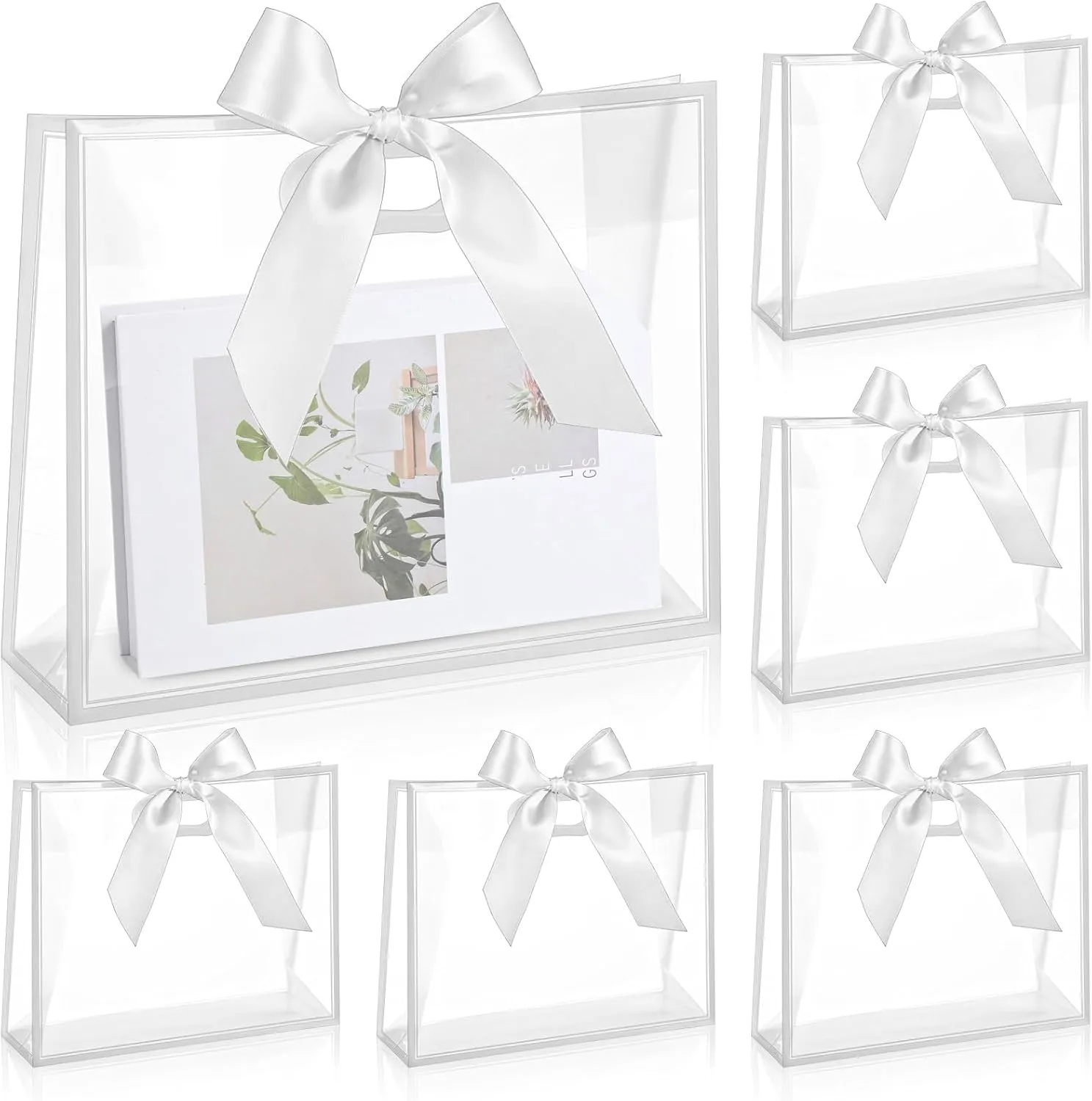 Aliceset 12 Pcs Clear Plastic Gift Bags with Die Cut Handles Graduation Reusable Flower Gift Bag with Ribbon for Wedding Bridal Shower Baby Shower Birthday Party Business, 12 x 10 x 5''(White)