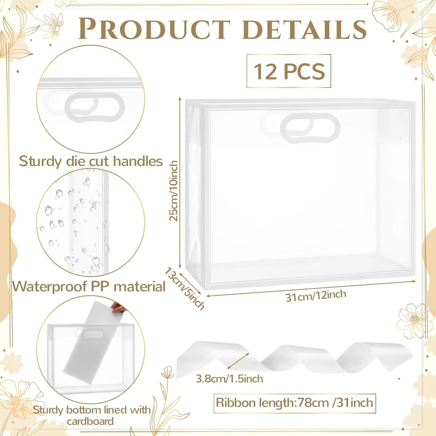 Aliceset 12 Pcs Clear Plastic Gift Bags with Die Cut Handles Graduation Reusable Flower Gift Bag with Ribbon for Wedding Bridal Shower Baby Shower Birthday Party Business, 12 x 10 x 5''(White)