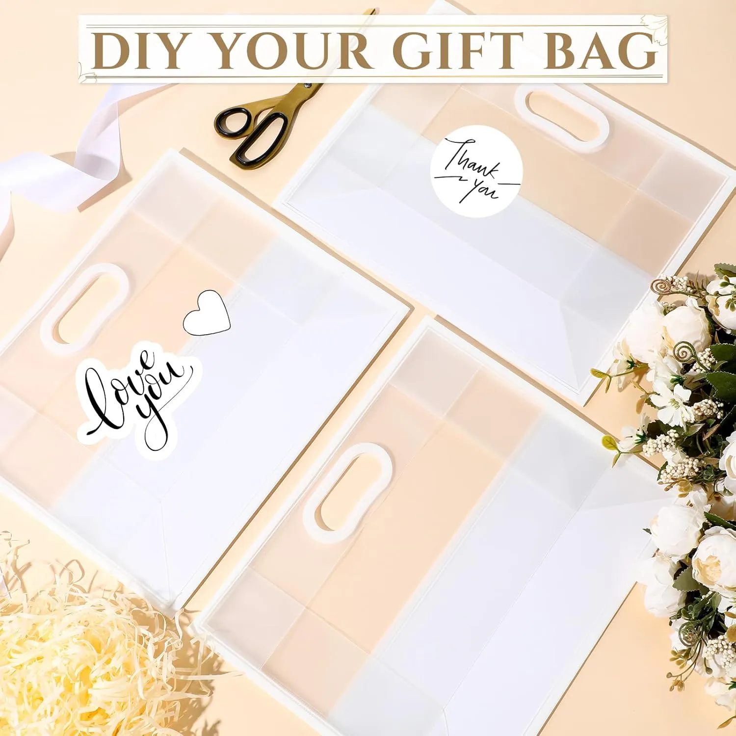 Aliceset 12 Pcs Clear Plastic Gift Bags with Die Cut Handles Graduation Reusable Flower Gift Bag with Ribbon for Wedding Bridal Shower Baby Shower Birthday Party Business, 12 x 10 x 5''(White)