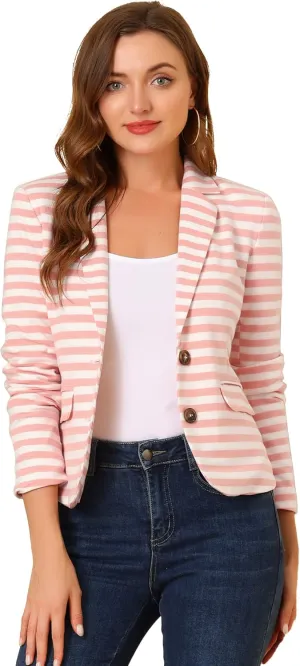 Allegra K Women's Notched Lapel Pocket Button Closure Striped Blazer