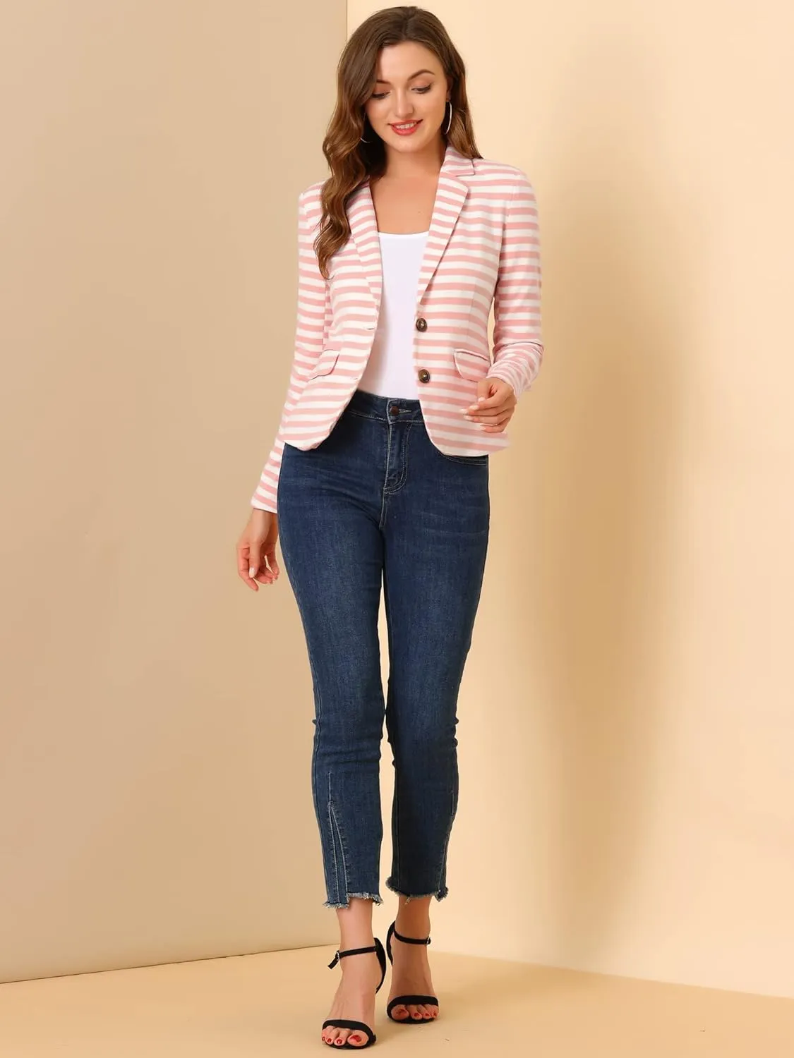 Allegra K Women's Notched Lapel Pocket Button Closure Striped Blazer