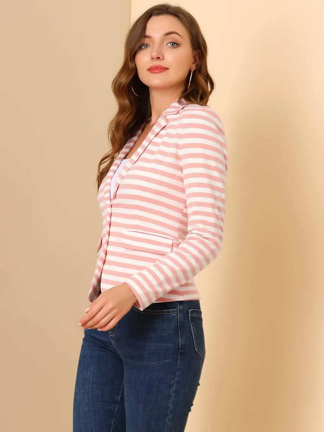 Allegra K Women's Notched Lapel Pocket Button Closure Striped Blazer