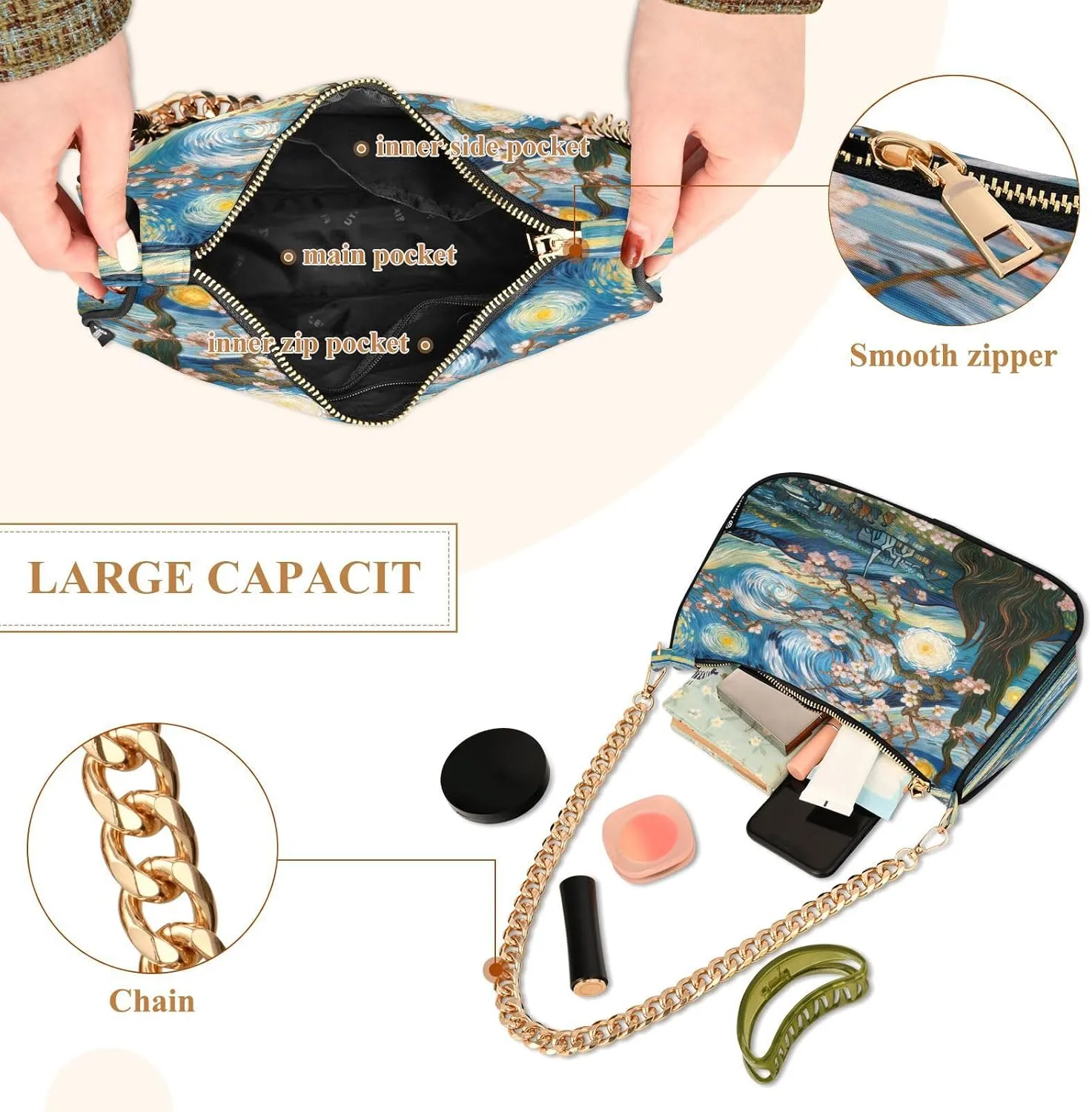 Almond Blossom Starry Night Small Shoulder Bag for Women, Purses for Women Trendy