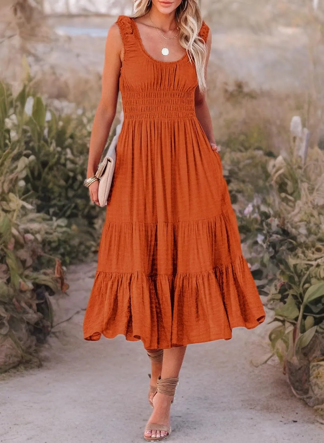 AlvaQ Women Summer Dresses Sleeveless Smocked Midi Dress High Waist Casual Tiered A Line Sundress with Pockets