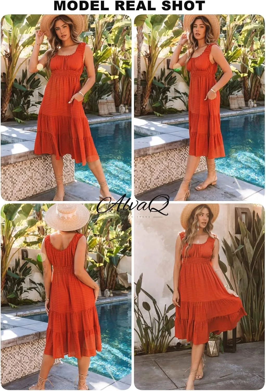 AlvaQ Women Summer Dresses Sleeveless Smocked Midi Dress High Waist Casual Tiered A Line Sundress with Pockets
