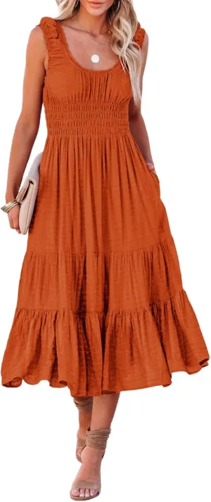 AlvaQ Women Summer Dresses Sleeveless Smocked Midi Dress High Waist Casual Tiered A Line Sundress with Pockets