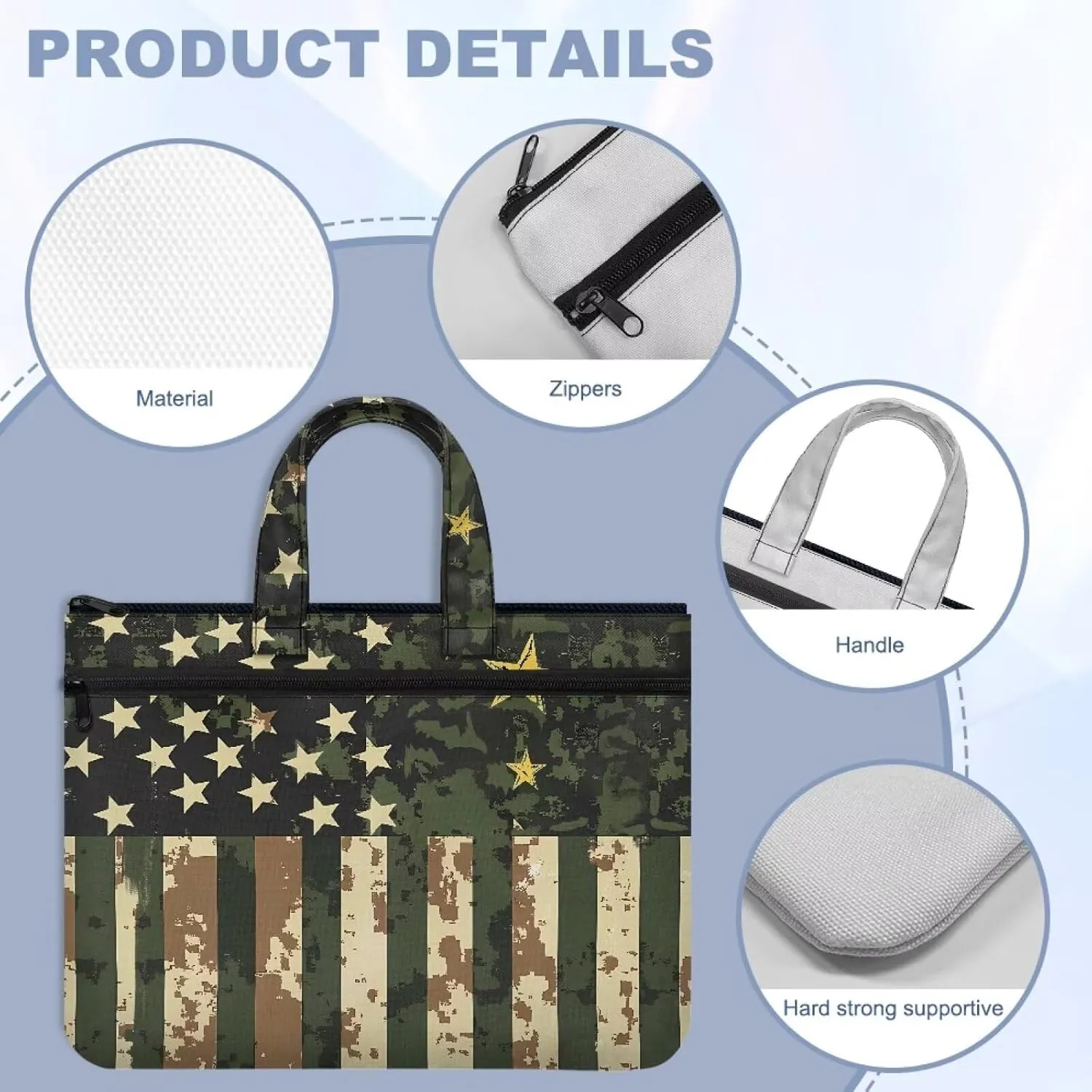 America Flag Document Bag Camo File Tote Bag Pouch with Handle Large Zipper Pouch 14.65×10.83 Inch 2 Pocket Light Weight Portfolio Organizer for Office