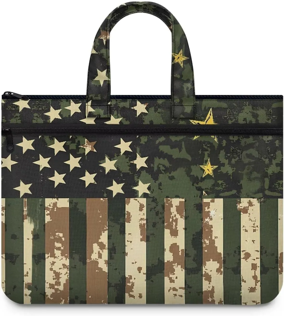 America Flag Document Bag Camo File Tote Bag Pouch with Handle Large Zipper Pouch 14.65×10.83 Inch 2 Pocket Light Weight Portfolio Organizer for Office