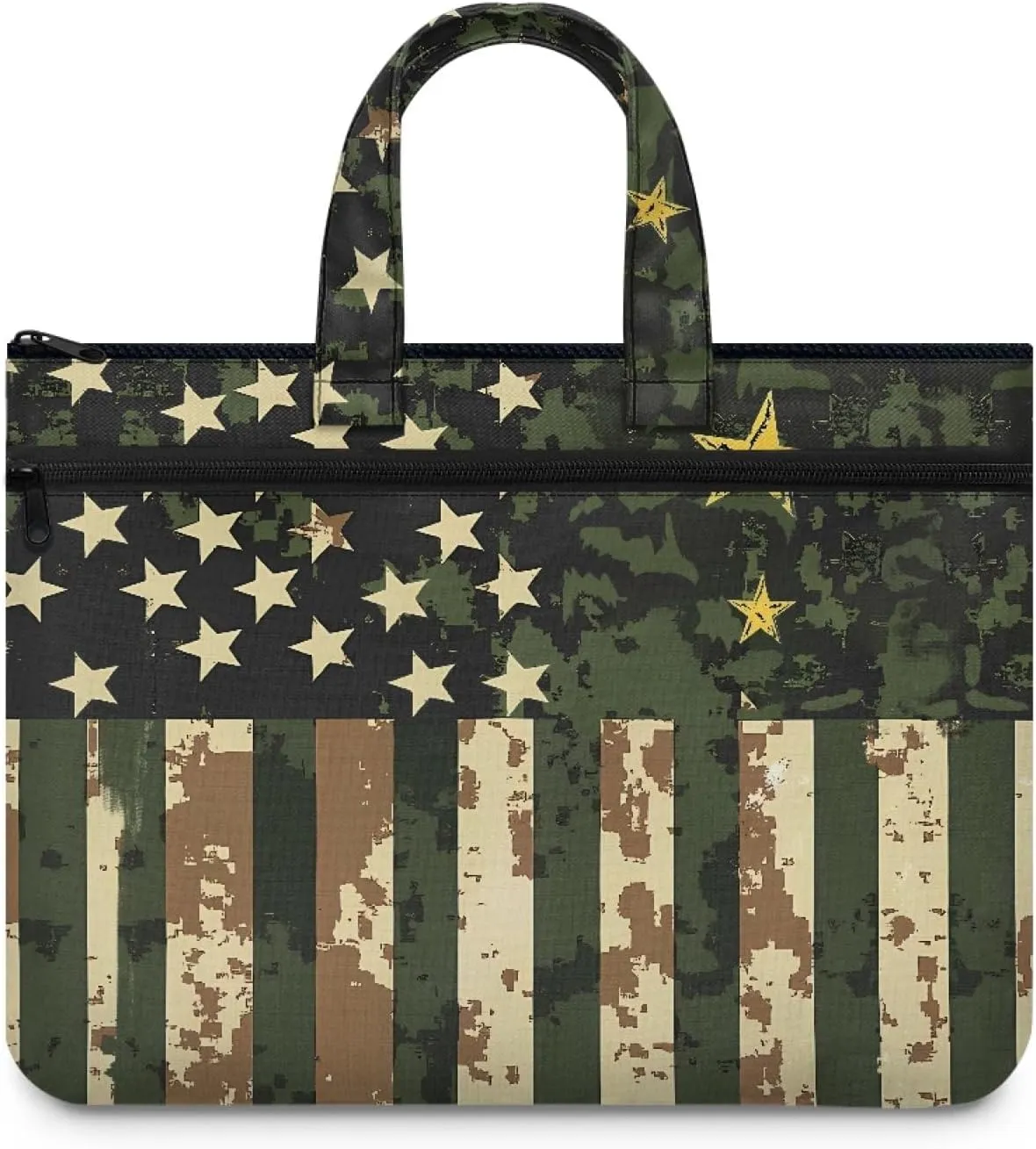 America Flag Document Bag Camo File Tote Bag Pouch with Handle Large Zipper Pouch 14.65×10.83 Inch 2 Pocket Light Weight Portfolio Organizer for Office