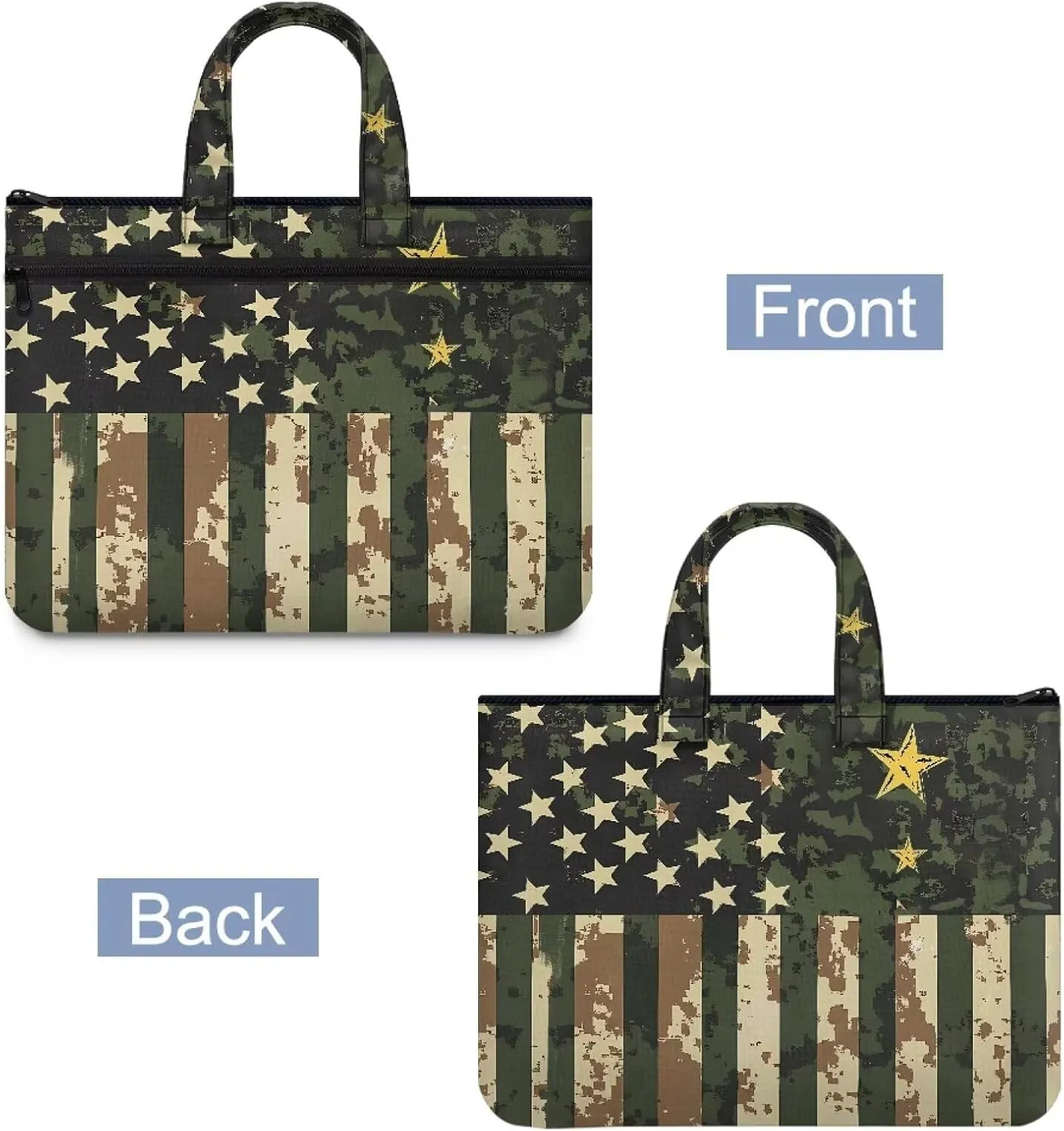 America Flag Document Bag Camo File Tote Bag Pouch with Handle Large Zipper Pouch 14.65×10.83 Inch 2 Pocket Light Weight Portfolio Organizer for Office