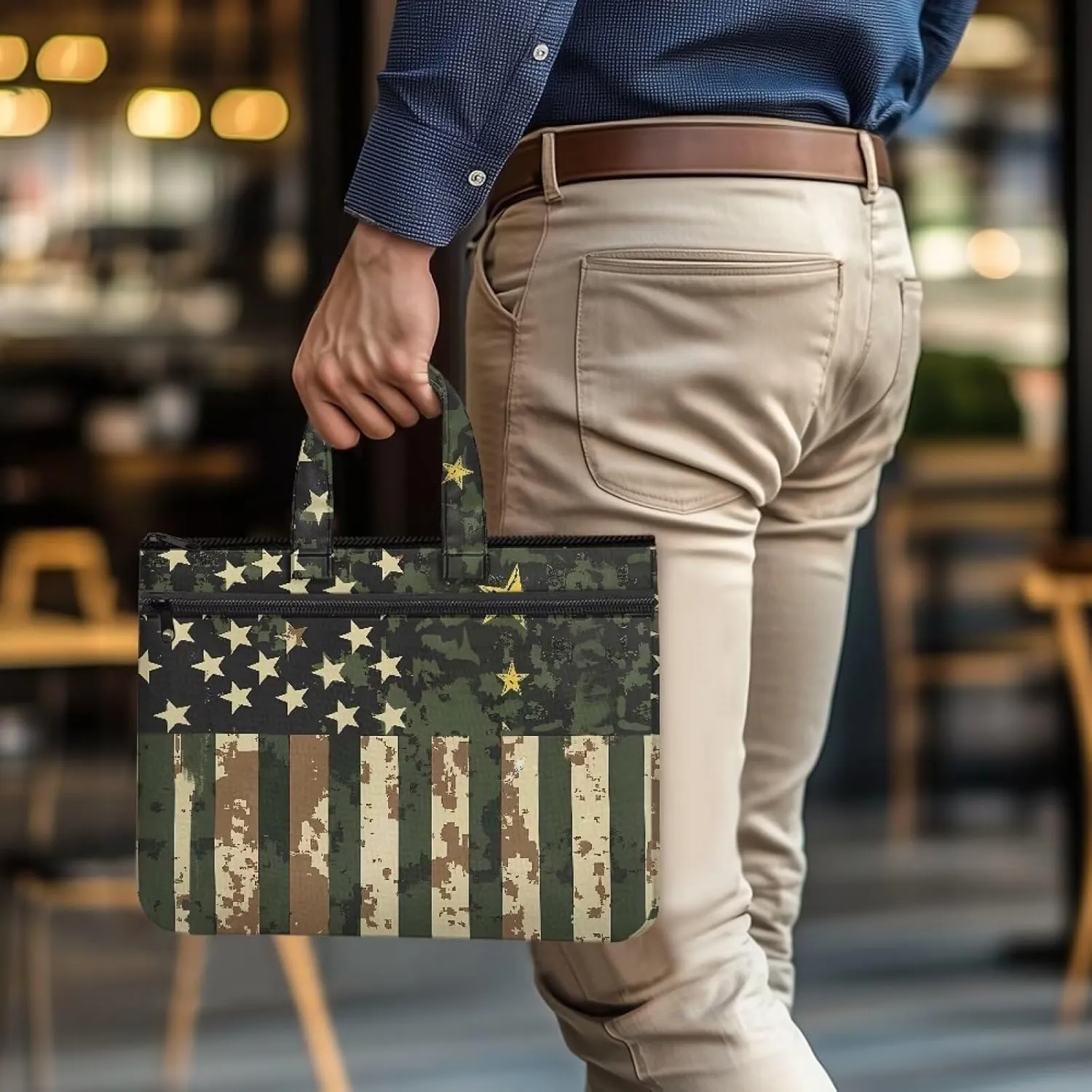America Flag Document Bag Camo File Tote Bag Pouch with Handle Large Zipper Pouch 14.65×10.83 Inch 2 Pocket Light Weight Portfolio Organizer for Office