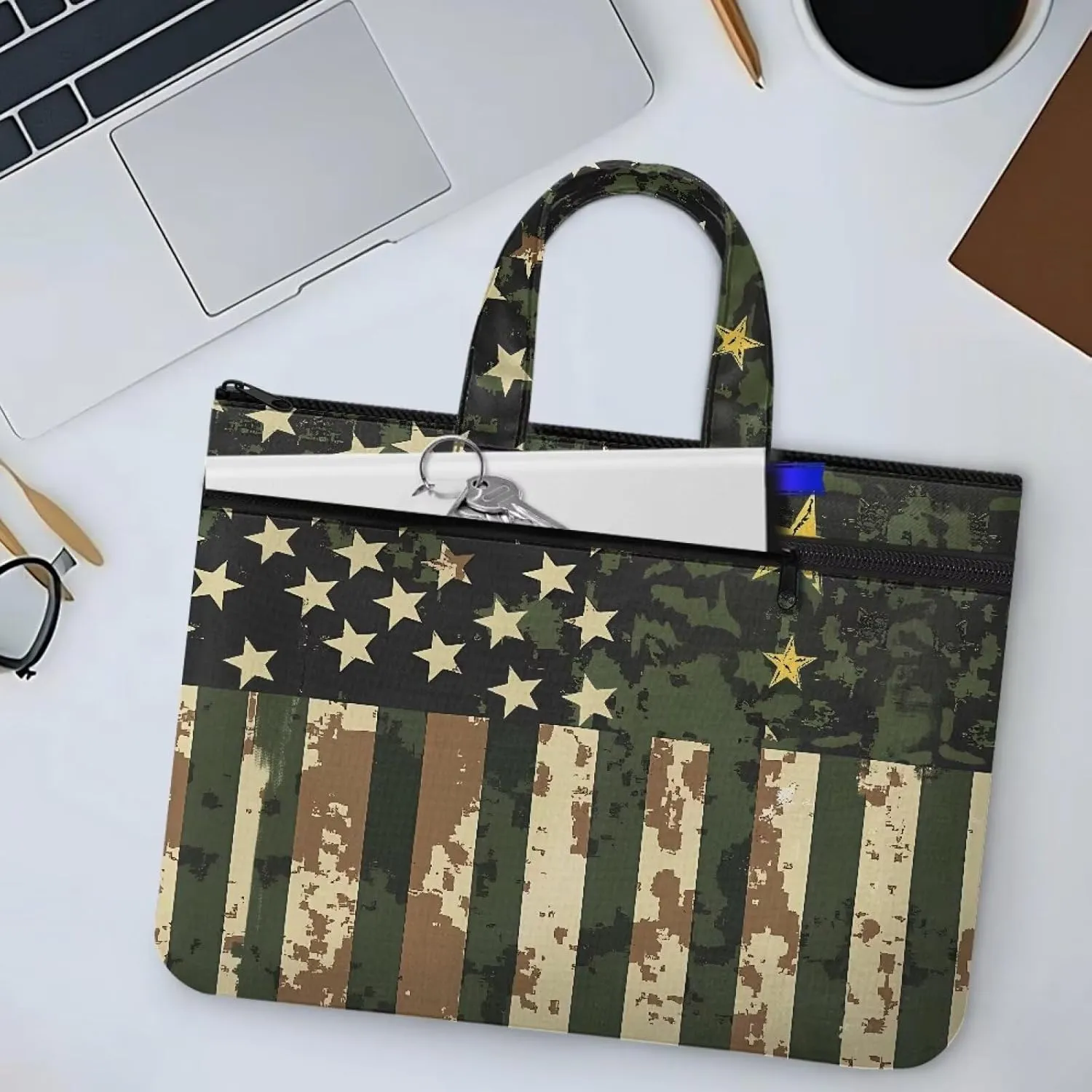 America Flag Document Bag Camo File Tote Bag Pouch with Handle Large Zipper Pouch 14.65×10.83 Inch 2 Pocket Light Weight Portfolio Organizer for Office
