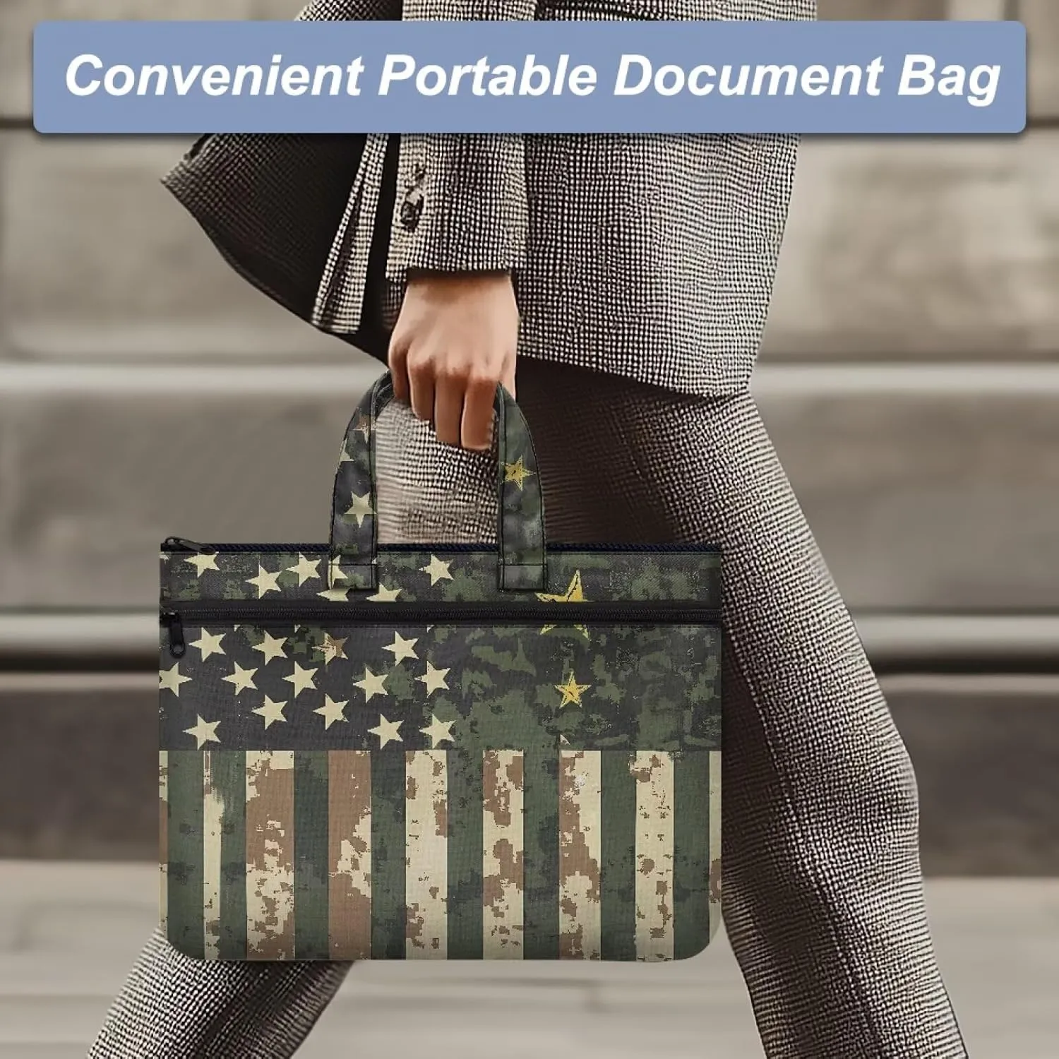 America Flag Document Bag Camo File Tote Bag Pouch with Handle Large Zipper Pouch 14.65×10.83 Inch 2 Pocket Light Weight Portfolio Organizer for Office