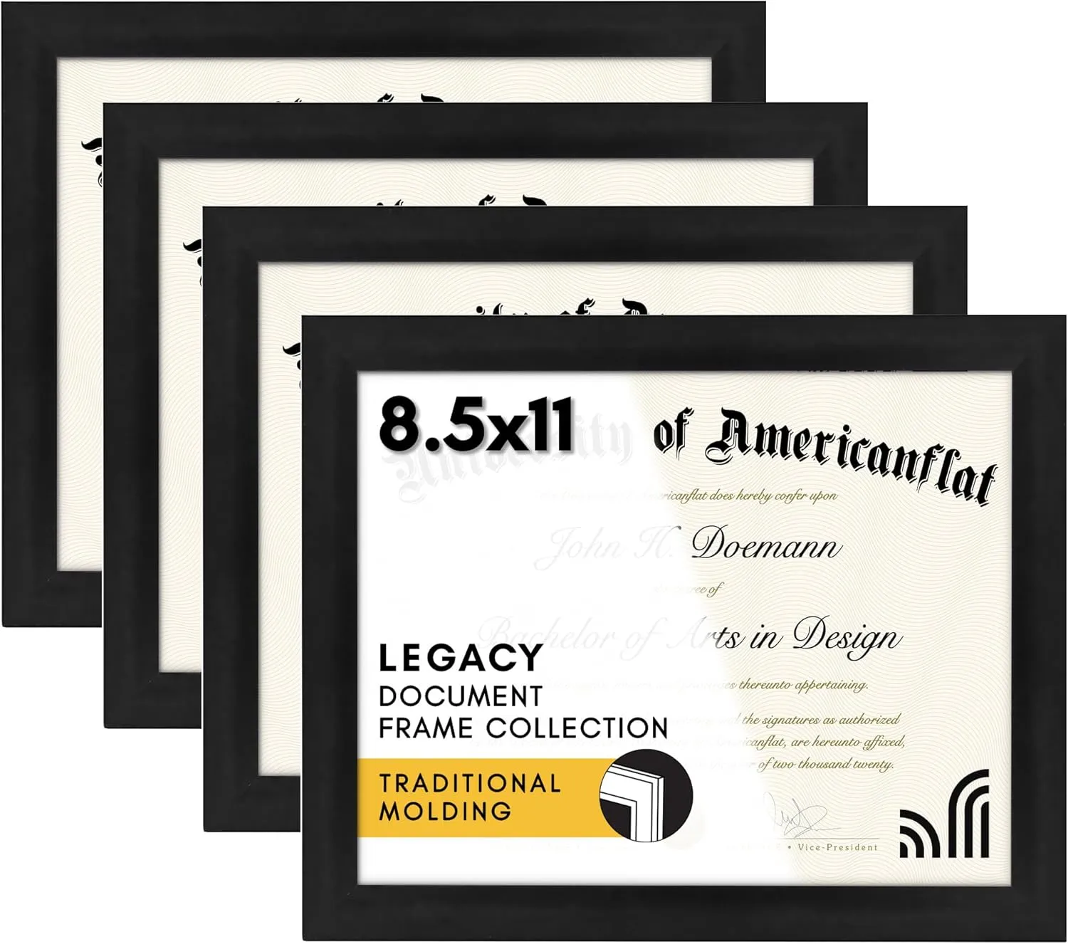 Americanflat 8.5x11 Diploma Frame with Shatter-Resistant Glass - Set of 4 - Document Frames with Engineered Wood - Legacy Collection - Certificate Frame for Tabletop and Wall Display - Black