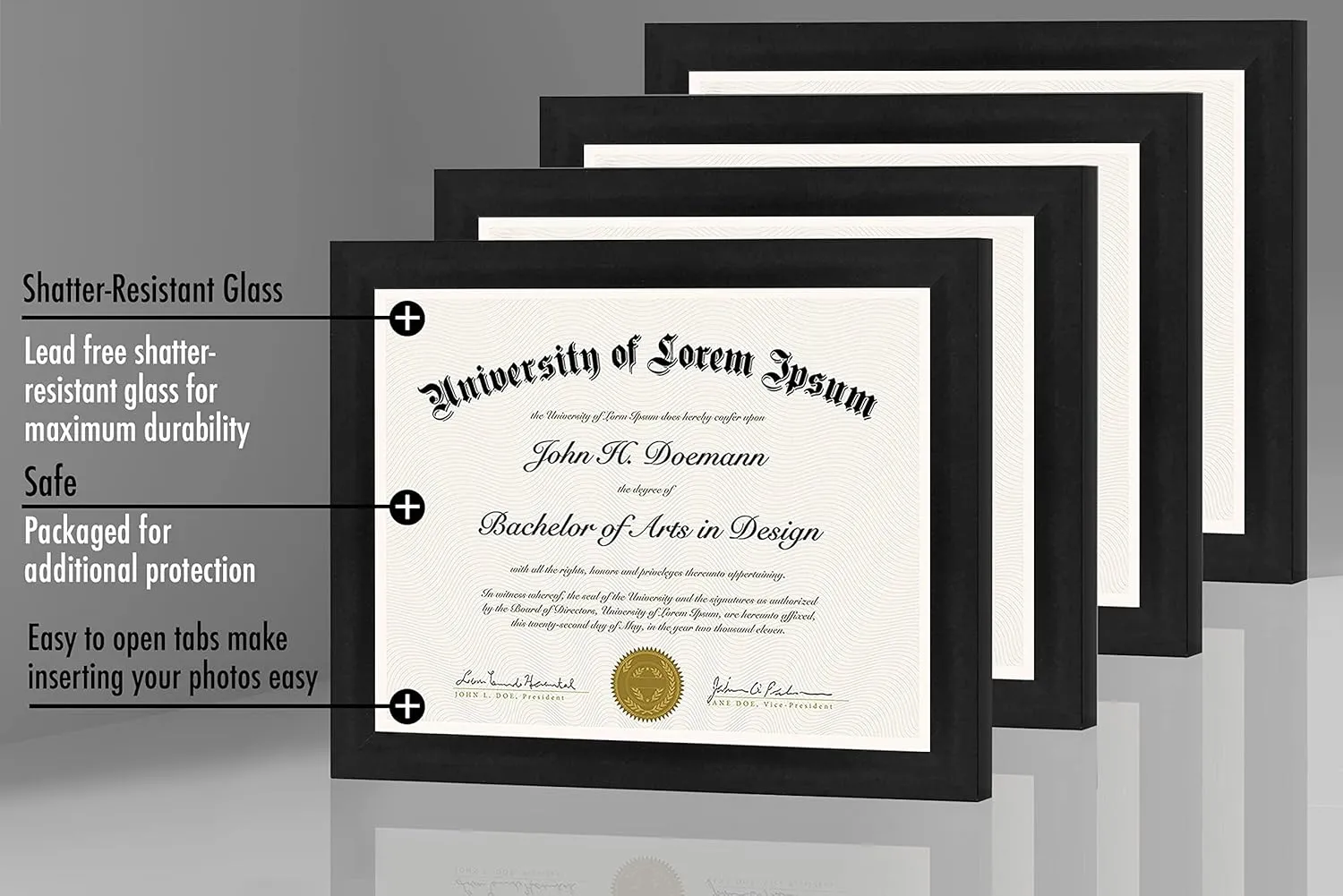 Americanflat 8.5x11 Diploma Frame with Shatter-Resistant Glass - Set of 4 - Document Frames with Engineered Wood - Legacy Collection - Certificate Frame for Tabletop and Wall Display - Black