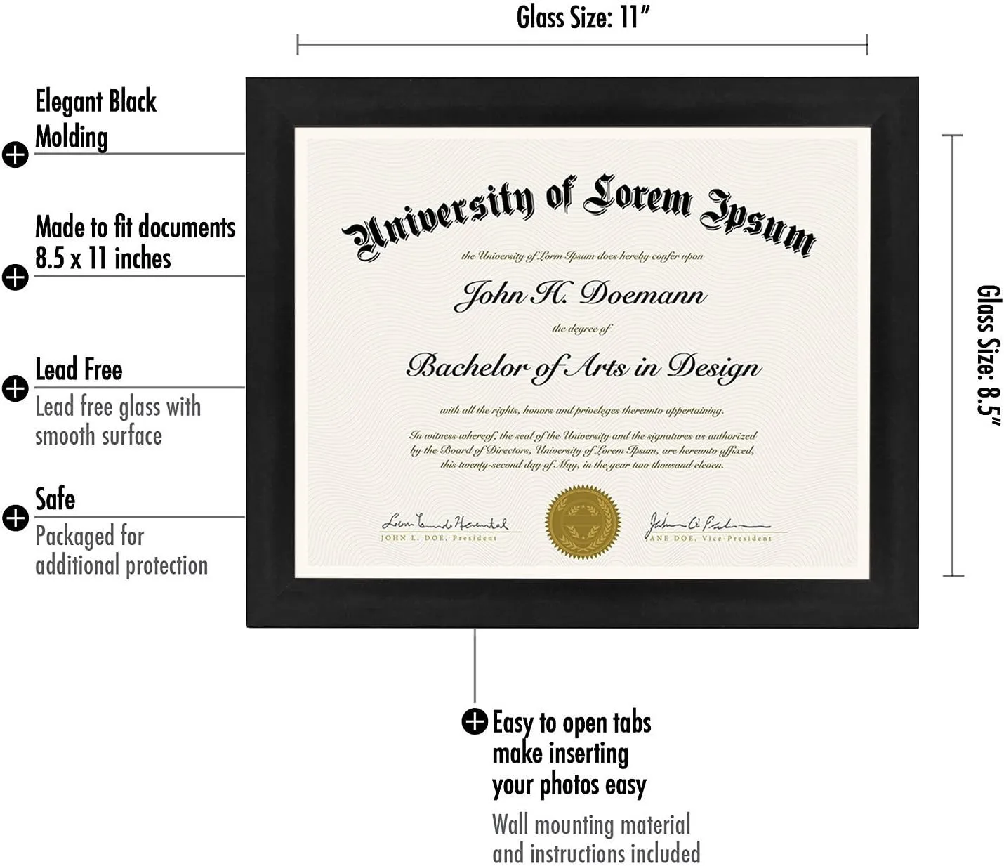 Americanflat 8.5x11 Diploma Frame with Shatter-Resistant Glass - Set of 4 - Document Frames with Engineered Wood - Legacy Collection - Certificate Frame for Tabletop and Wall Display - Black