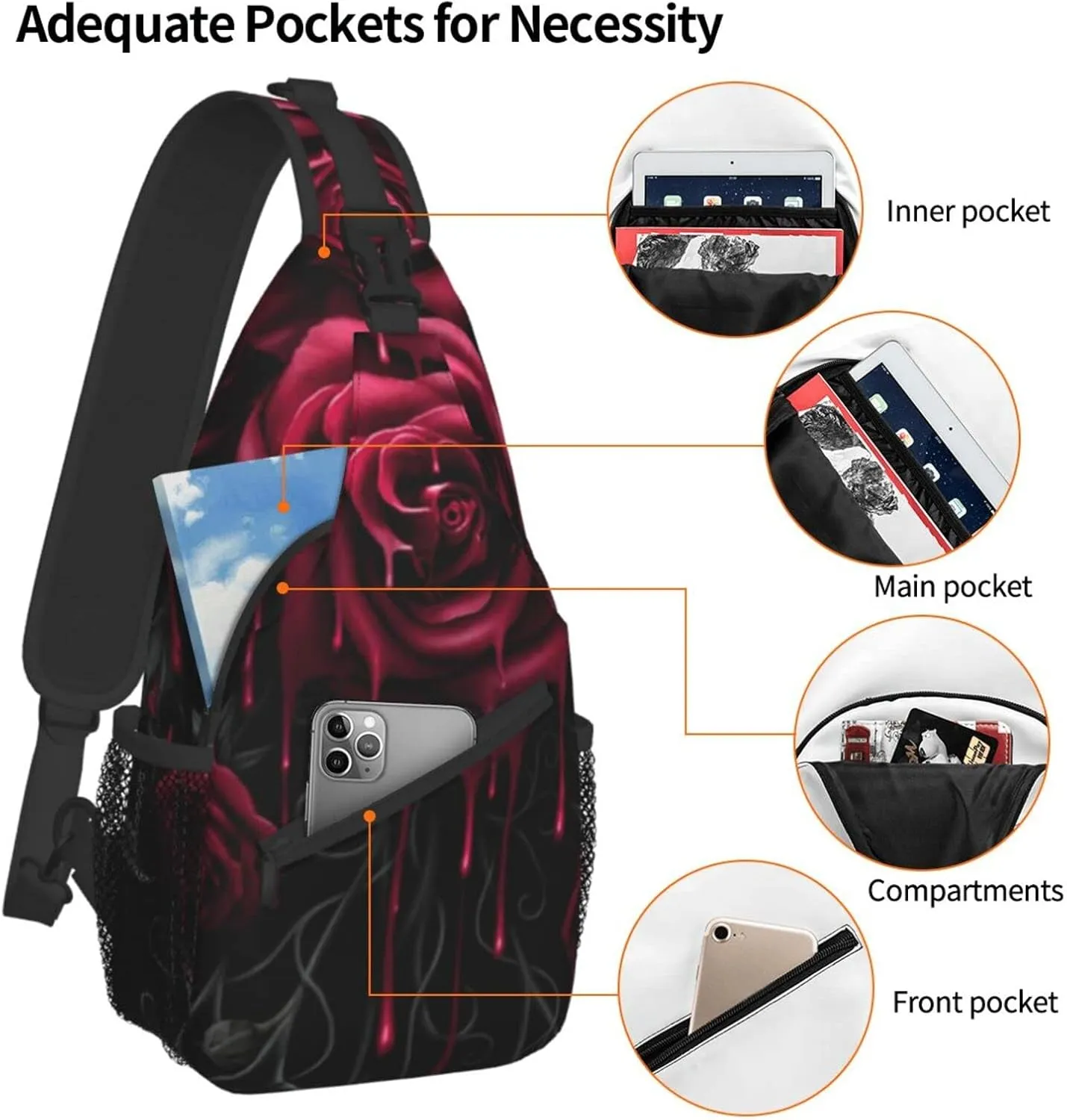 AMRANDOM Men & Women Sling Bag Anti-Theft Sling Shoulder Backpack Waterproof Chest Bag With Adjustable Strap Lightweight Sling Bag Chest (blood red rose)